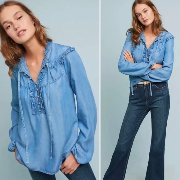 Anthropologie Maeve Chambray  Ruffle Long Sleeve Top - Picture 1 of 15